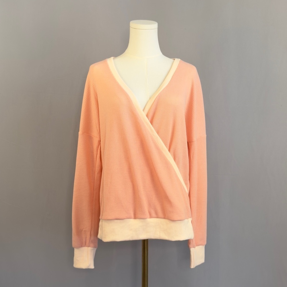 Waffle Pink V-Neck Wrap Sweater